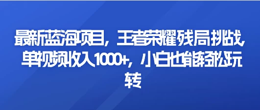 最新蓝海项目，王者荣耀残局挑战，单视频收入1000+，小白也能轻松玩转 - 项目资源网