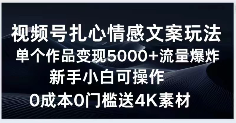 视频号扎心情感文案玩法，单个作品变现5000+，流量爆炸，两分钟一条作品，新手小白可操作，0成本0门褴送4K素材送工具 - 项目资源网