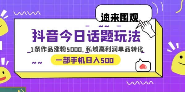 一部手机轻松实现日入 500，抖音今日话题玩法，1条作品涨粉 5000，私域高利润单品转化 - 项目资源网